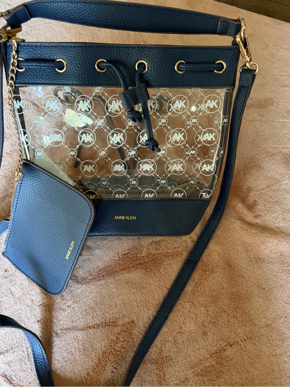 Anne Klein Navy Logo Clear Panel Crossbody with Gold Accents